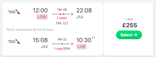 Flights from London, UK to Jacksonville, Florida, USA