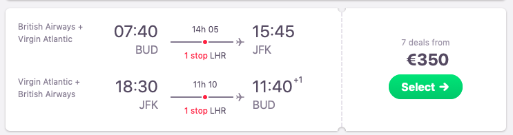 Full-service flights from Budapest, Hungary to New York, USA