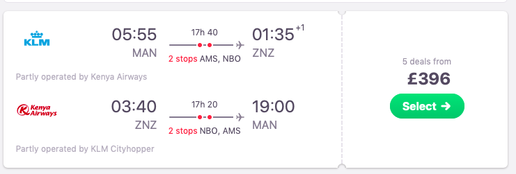 Flights from Manchester, the UK to Zanzibar
