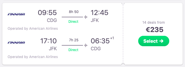 DIRECT flights from Paris, France to New York, USA