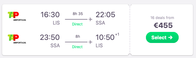 Direct flights from Lisbon, Portugal to Salvador, Brazil