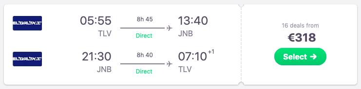 DIRECT flights from Tel Aviv, Israel to Johannesburg, South Africa