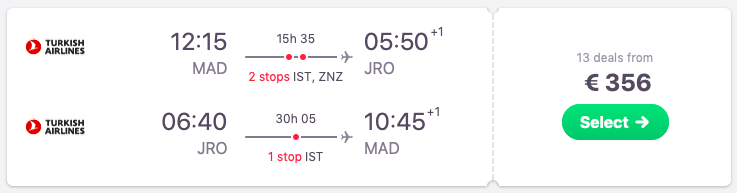 Full-service flights from Madrid to Kilimanjaro, Tanzania