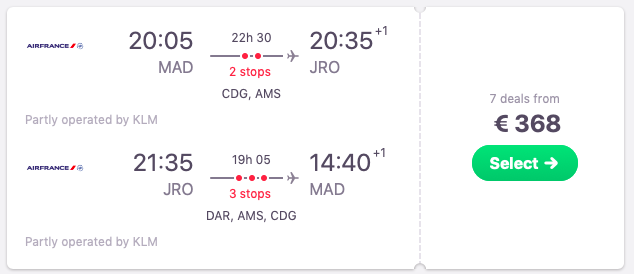 Full-service flights from Madrid to Kilimanjaro, Tanzania