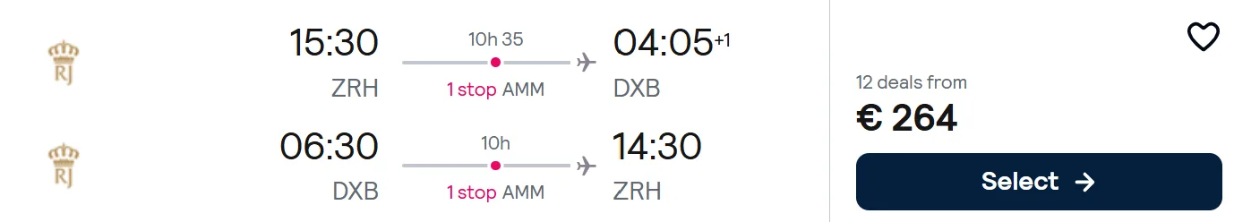Full-service flights from Zurich to DUBAI