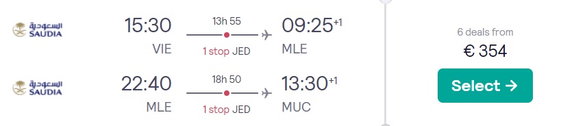 Open jaw flights from European cities to MALDIVES