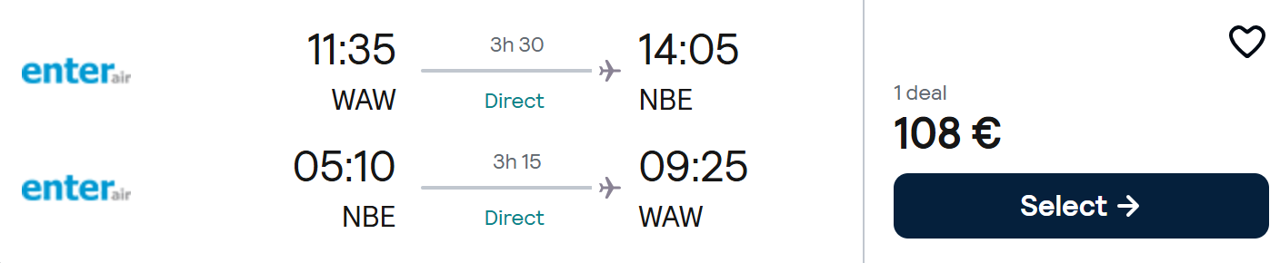 NON STOP flights from Warsaw to TUNISIA