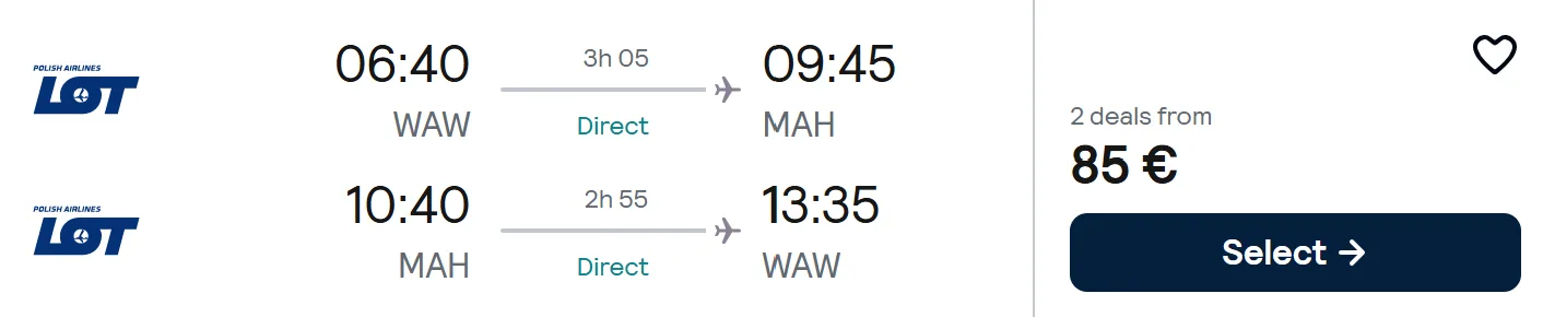 LAST SECOND flights from Warsaw to MENORCA