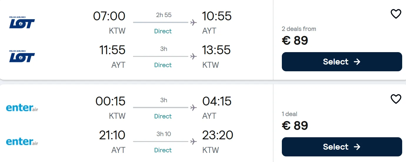 LAST MINUTE NON STOP flights from Katowice to ANTALYA
