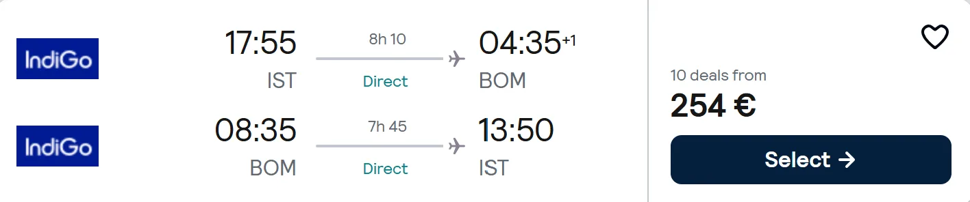 NON STOP flights from Istanbul to MUMBAI, INDIA