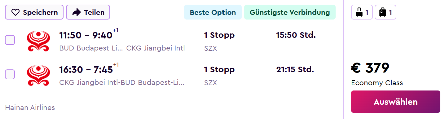Full service flights from Budapest to Chongqing CHINA