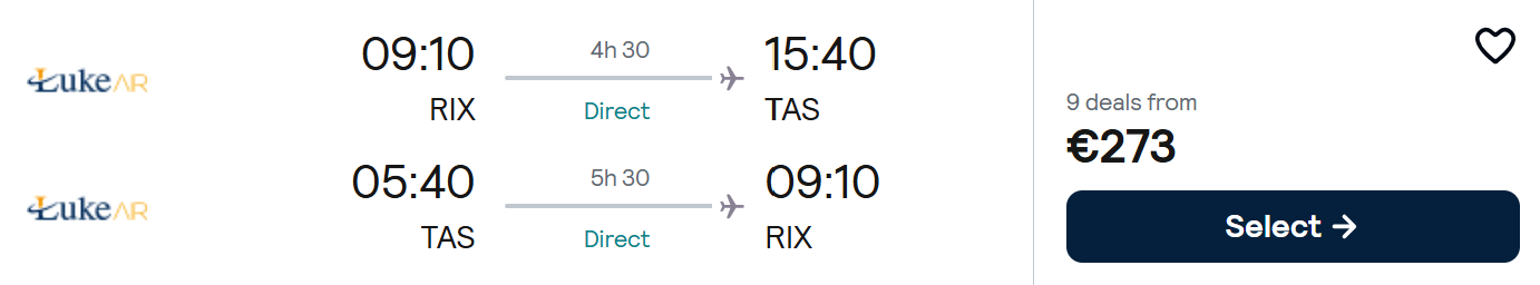 NON STOP flights from Riga to Tashkent, Uzbekistan