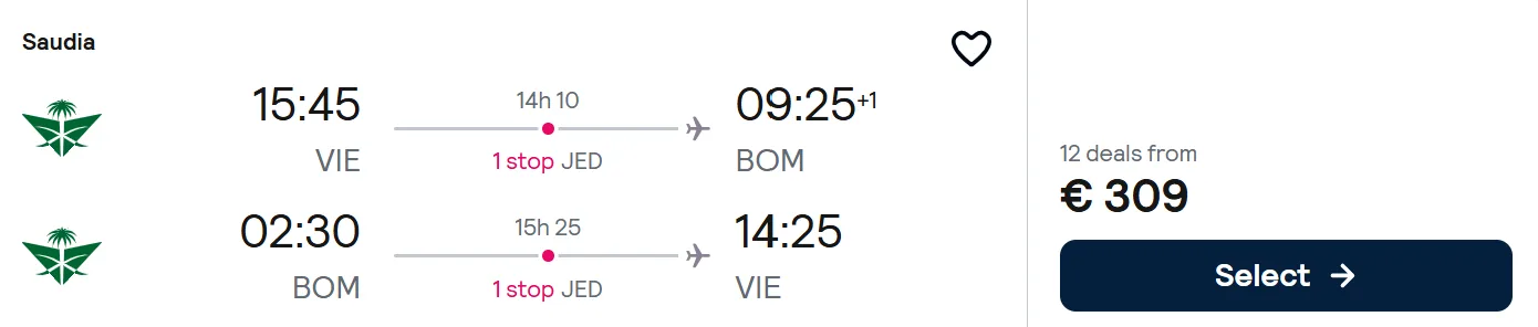 Full Service flights from Vienna to Mumbai, INDIA
