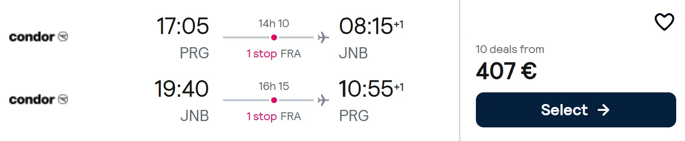 Flights from European cities to Johannesburg, SOUTH AFRICA