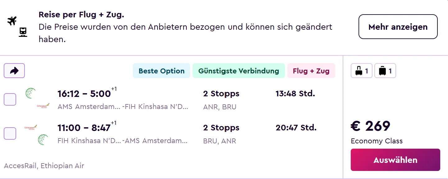 Full Service flights from Amsterdam to CONGO