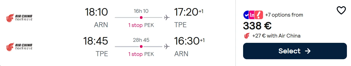 Full service flights from Stockholm to TAIWAN