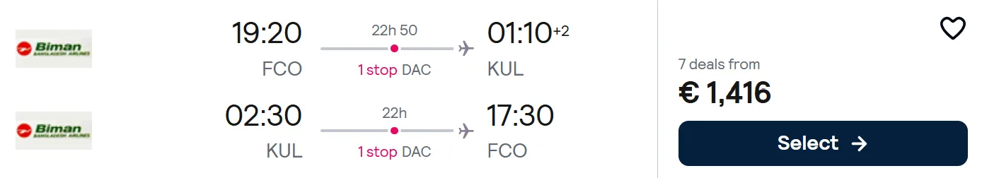 BUSINESS CLASS flights from Rome to MALAYSIA