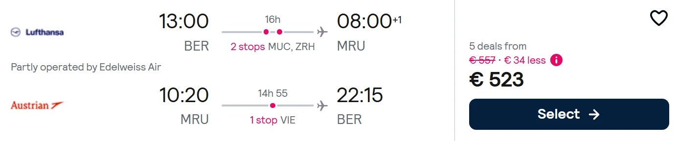 Cheap flights from Berlin to MAURITIUS