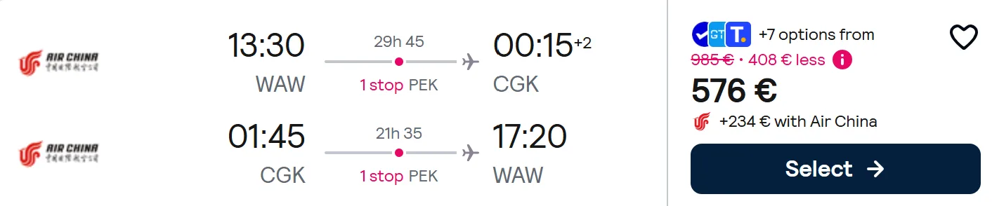 Full service flights from Warsaw to INDONESIA
