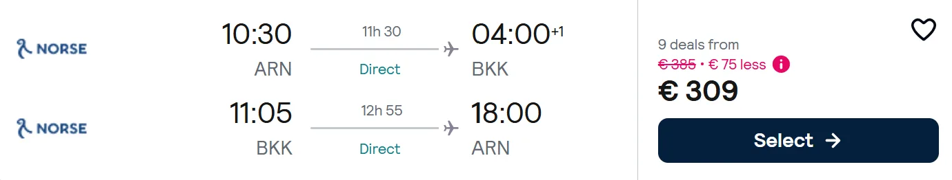 NON STOP flights from Stockholm to Bangkok, Thailand