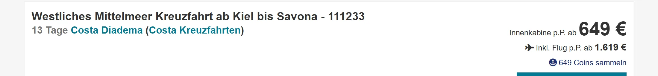 e-hoi price example for Costa Diadema Kiel to Savona cruise, from 649 euro inside cabin