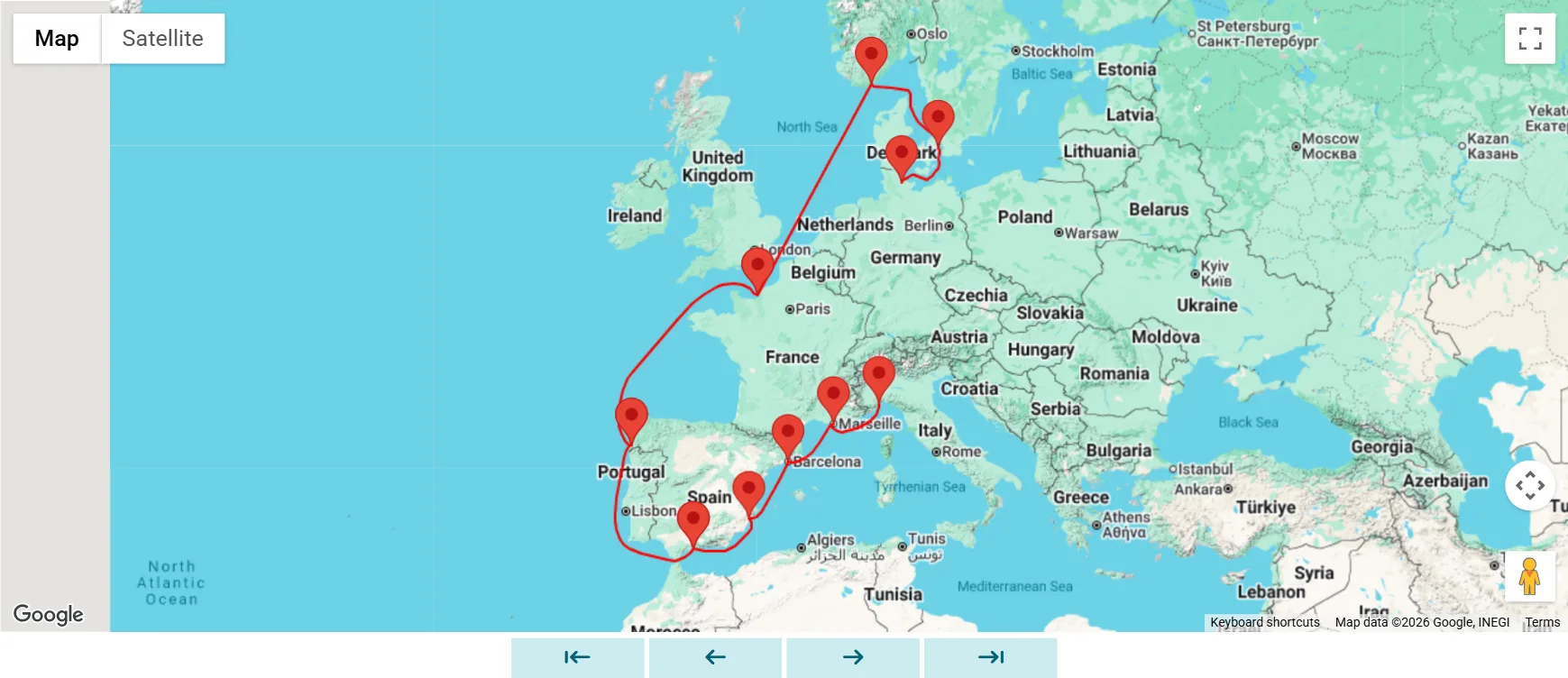 Route map for Costa Diadema cruise from Kiel to Savona via Copenhagen, Kristiansand, Le Havre, Vigo, Malaga, Alicante, Barcelona and Marseille