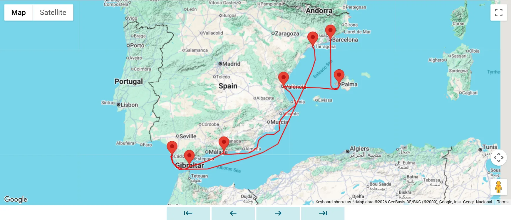 Route map for Norwegian Dawn cruise from Barcelona to Tarragona via Palma, Valencia, Motril, Gibraltar and Cadiz