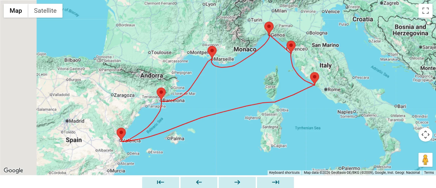 Route map for MSC Sinfonia round-trip cruise from Genoa via Livorno, Civitavecchia, Valencia, Barcelona and Marseille