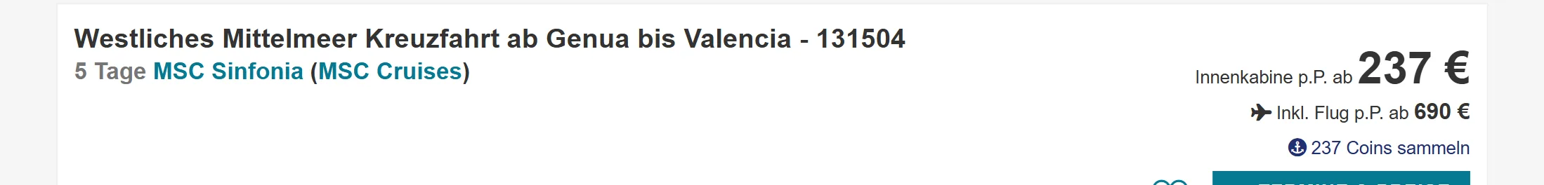 e-hoi price example for MSC Sinfonia cruise from Genoa to Valencia, from 237 euro inside cabin