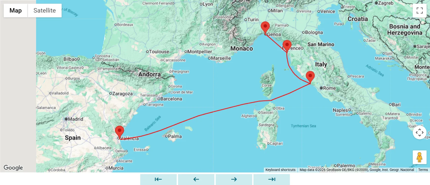 Route map for MSC Sinfonia cruise from Genoa to Valencia via Livorno and Civitavecchia