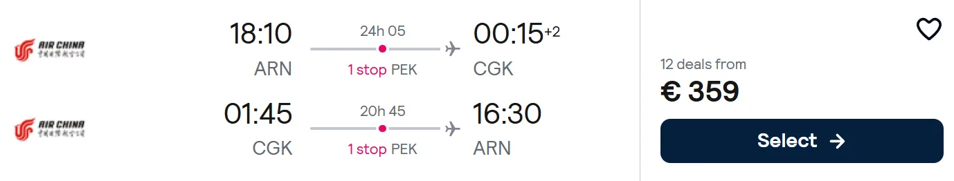 Full service flights from Stockholm to Jakarta, INDONESIA