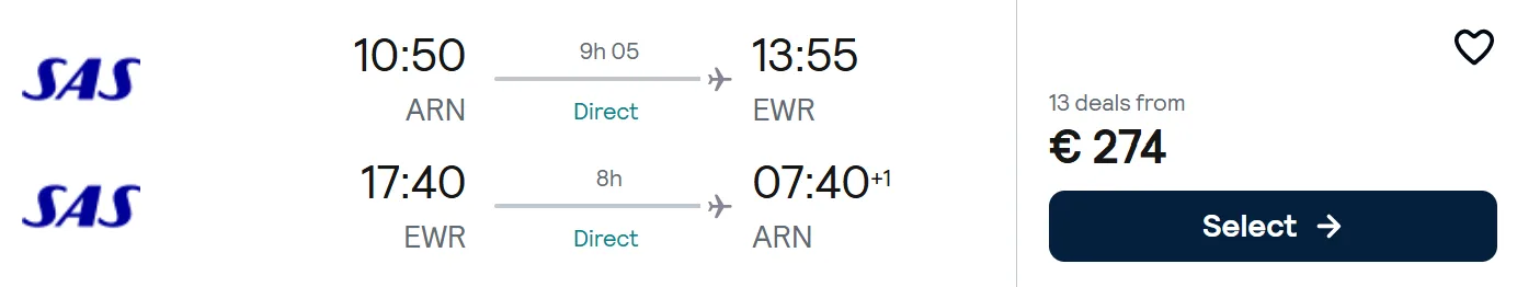 NON STOP flights from Stockholm to NEW YORK, USA