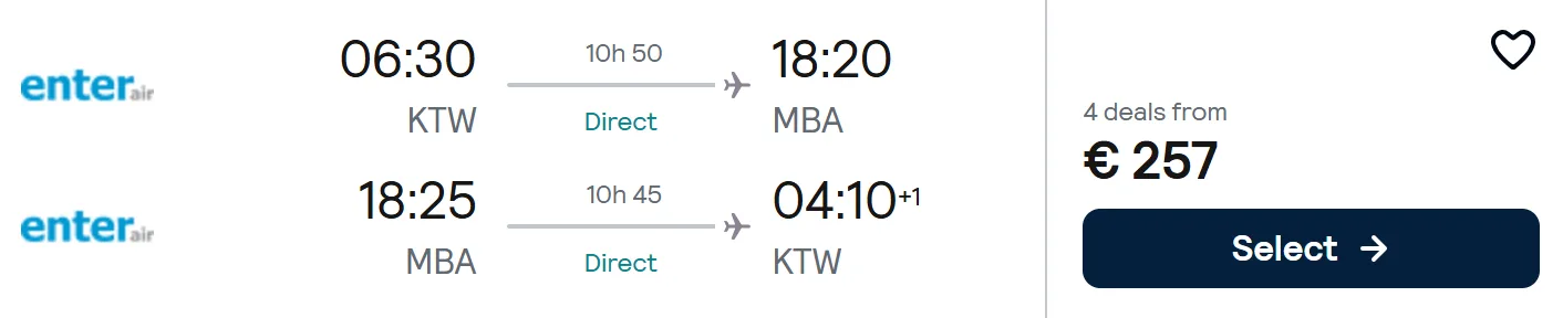 Direct flight from Katowice to Mombasa, KENYA