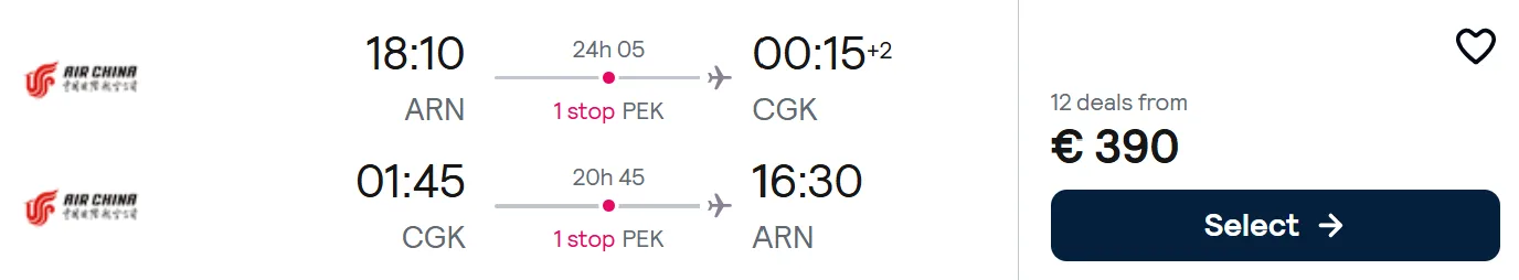 Full service flights from Stockholm to Jakarta, INDONESIA
