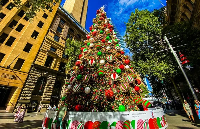 Martin Place Christmas tree decorated with colourful ornaments in central Sydney