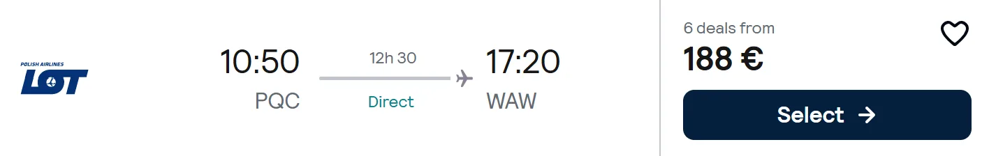 Non-stop flights from Phu Quoc, Vietnam to Warsaw