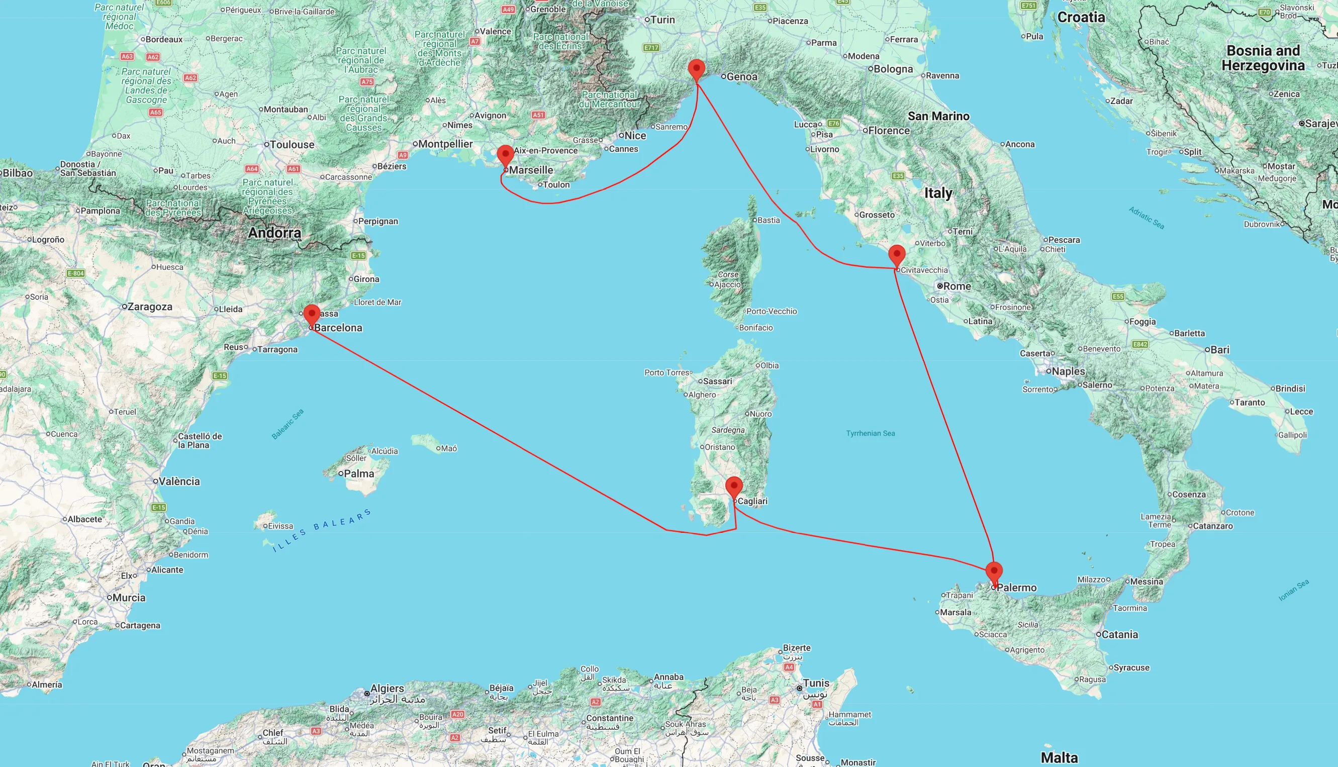 COSTA Cruise from Barcelona to Marseille map