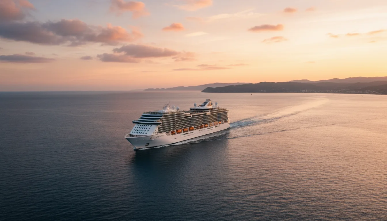 Large modern cruise ship sailing at sunset, illustrating the World Cruise Awards 2026 winners