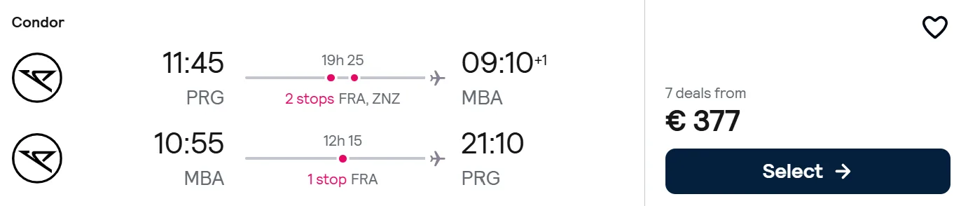 flights from European cities to Mombasa, KENYA