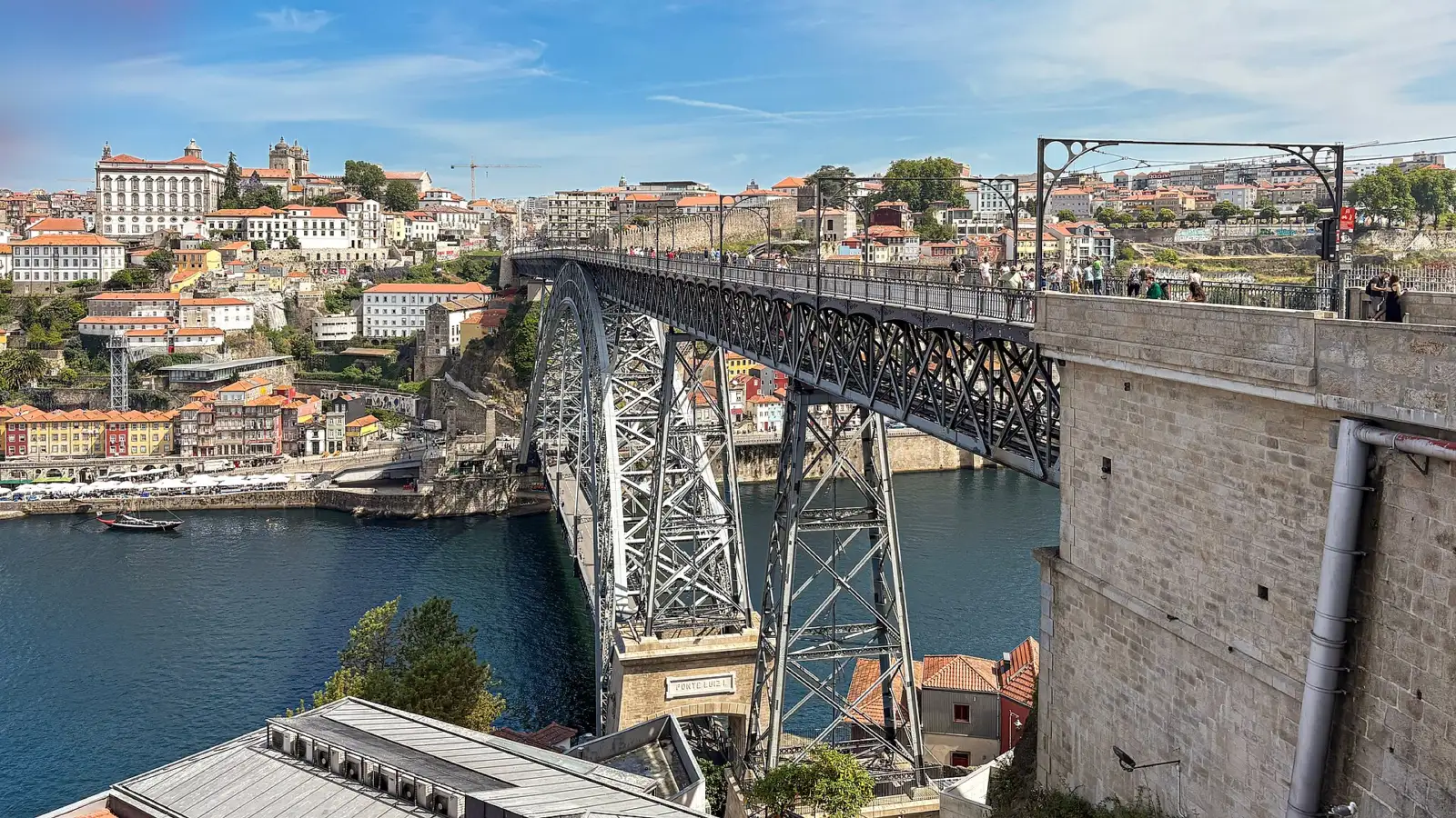 The Dom Luís I iron bridge crossing the Douro river in Porto, with the colourful Ribeira district climbing the hillside behind it