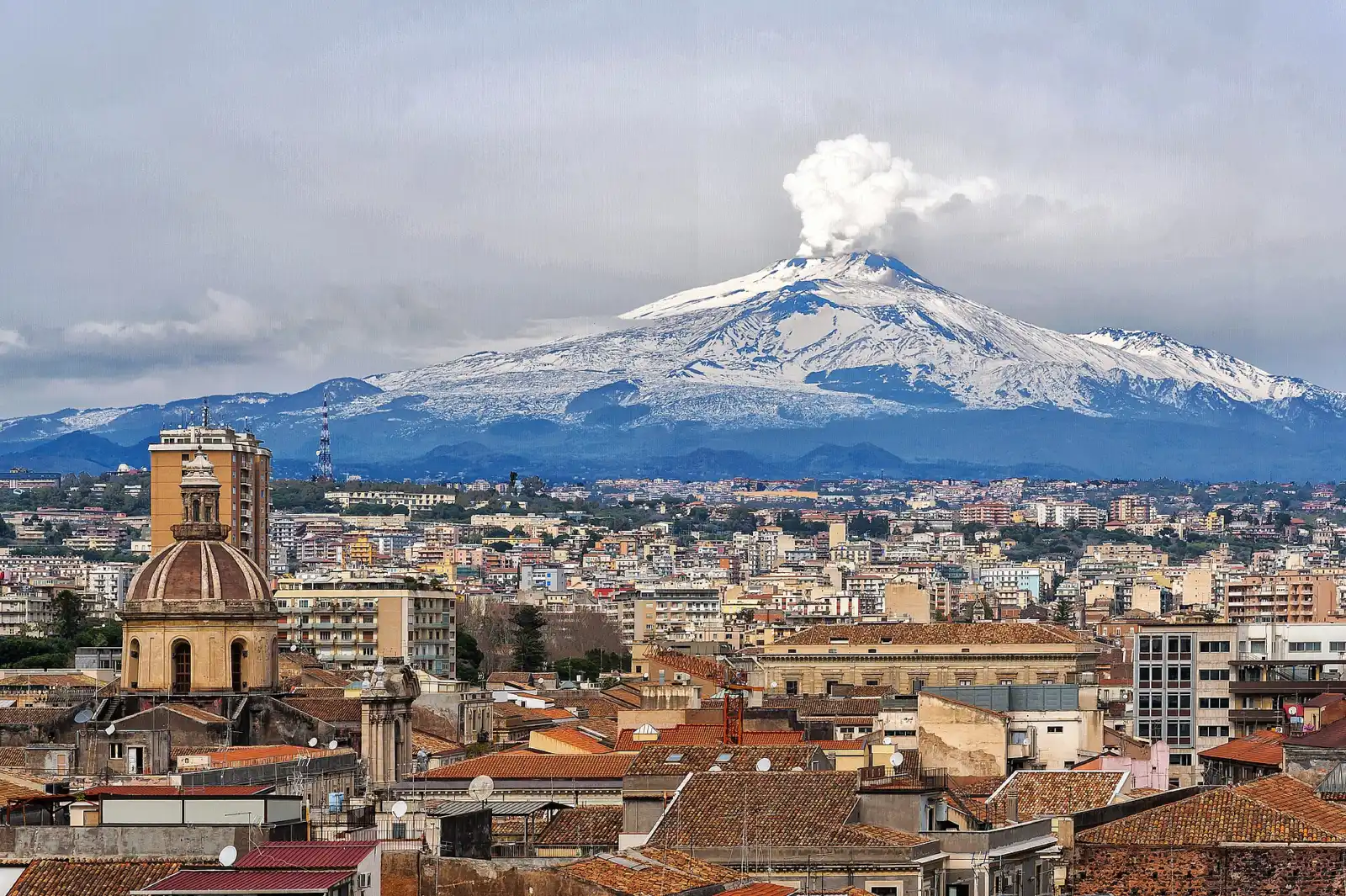 Rooftops and domes of Catania’s old town in Sicily with snow-covered Mount Etna rising behind under a cloudy winter sky